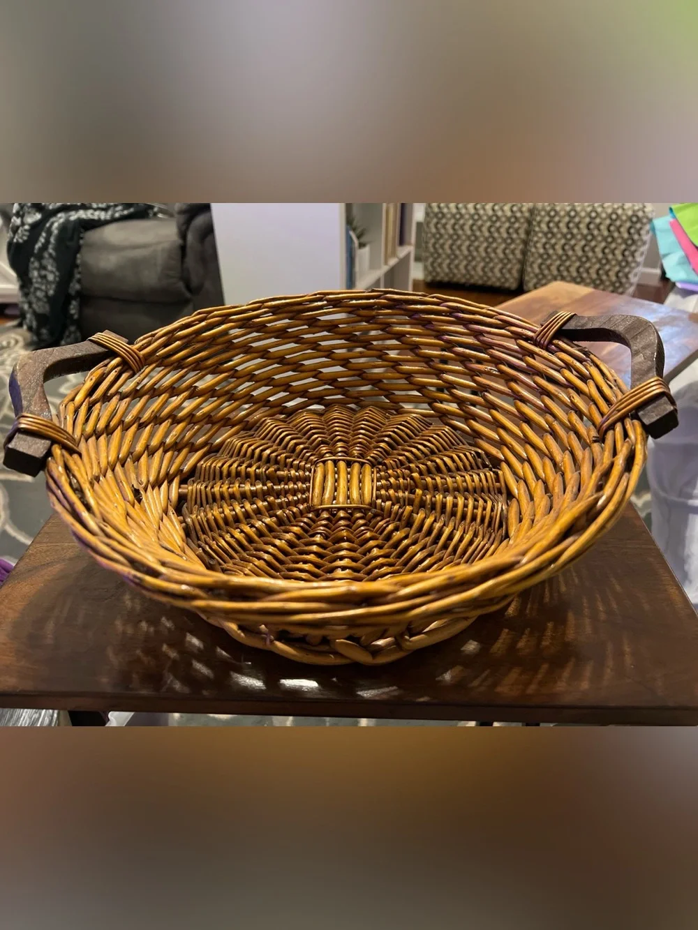 Vintage Wicker Basket Wood Handles Farmhouse Centerpiece (Basket Only)